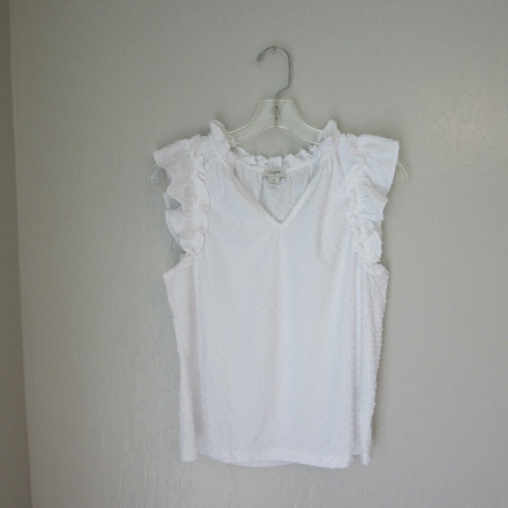 J. CREW White Pullover Ruffled Short Cap Sleeve V-Neck Blouse Size Small